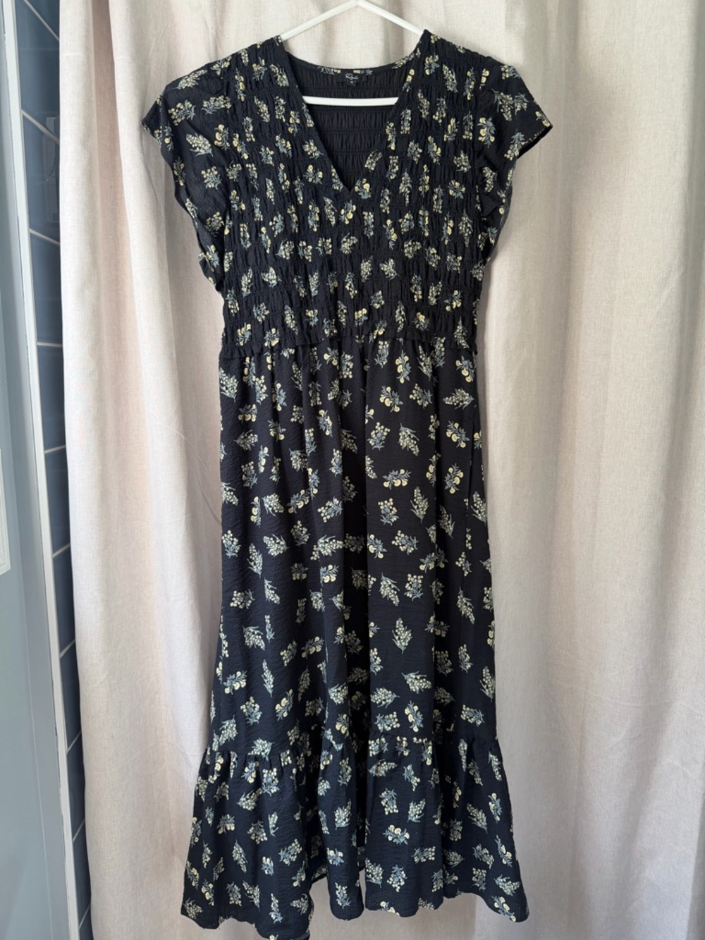 Rails Black Floral Midi Dress with Smocked Bodice